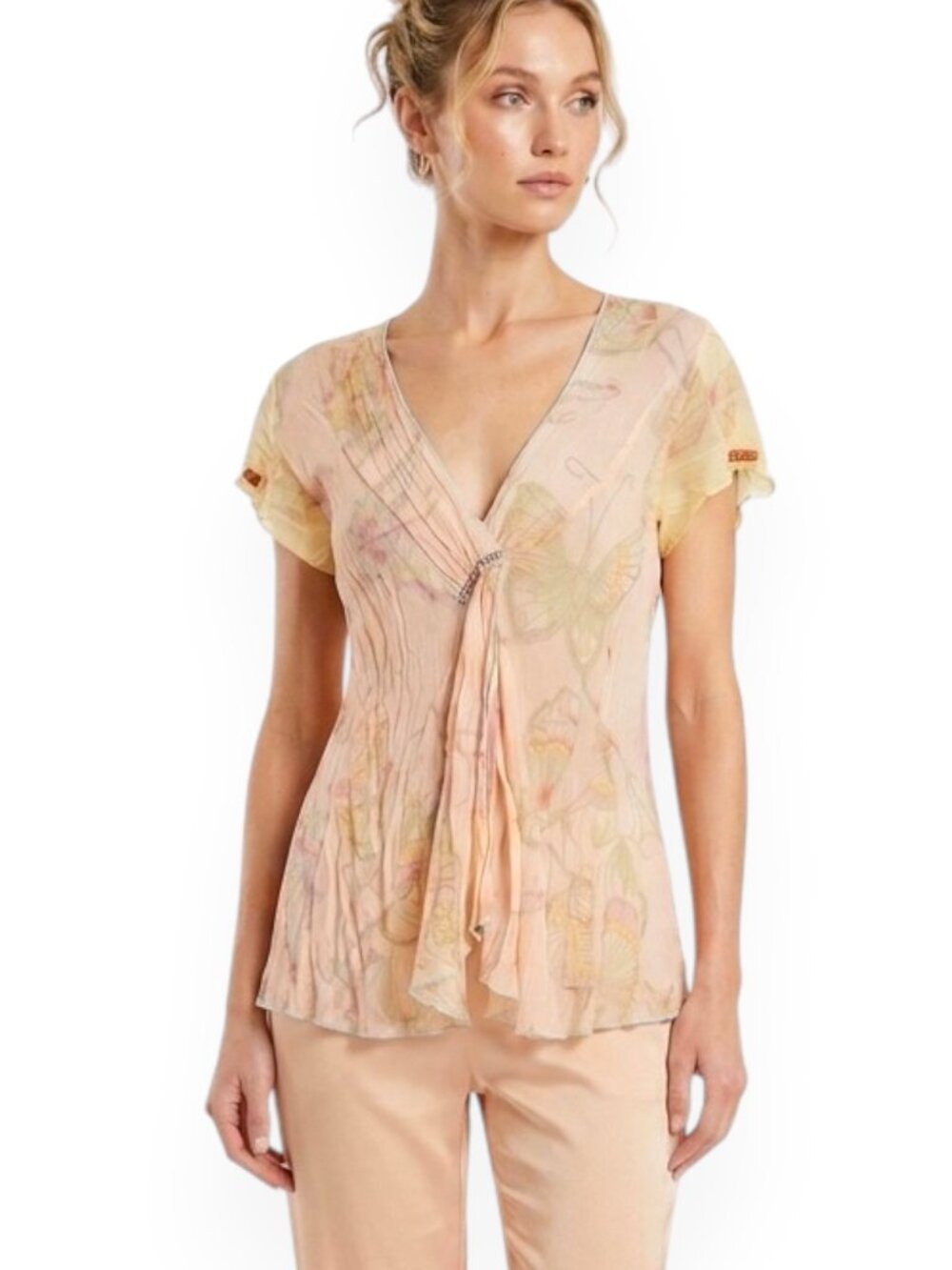 Johnny Was Peach Yellow Pastel Butterfly Print Crinkle Rayon Summer Top Blouse S